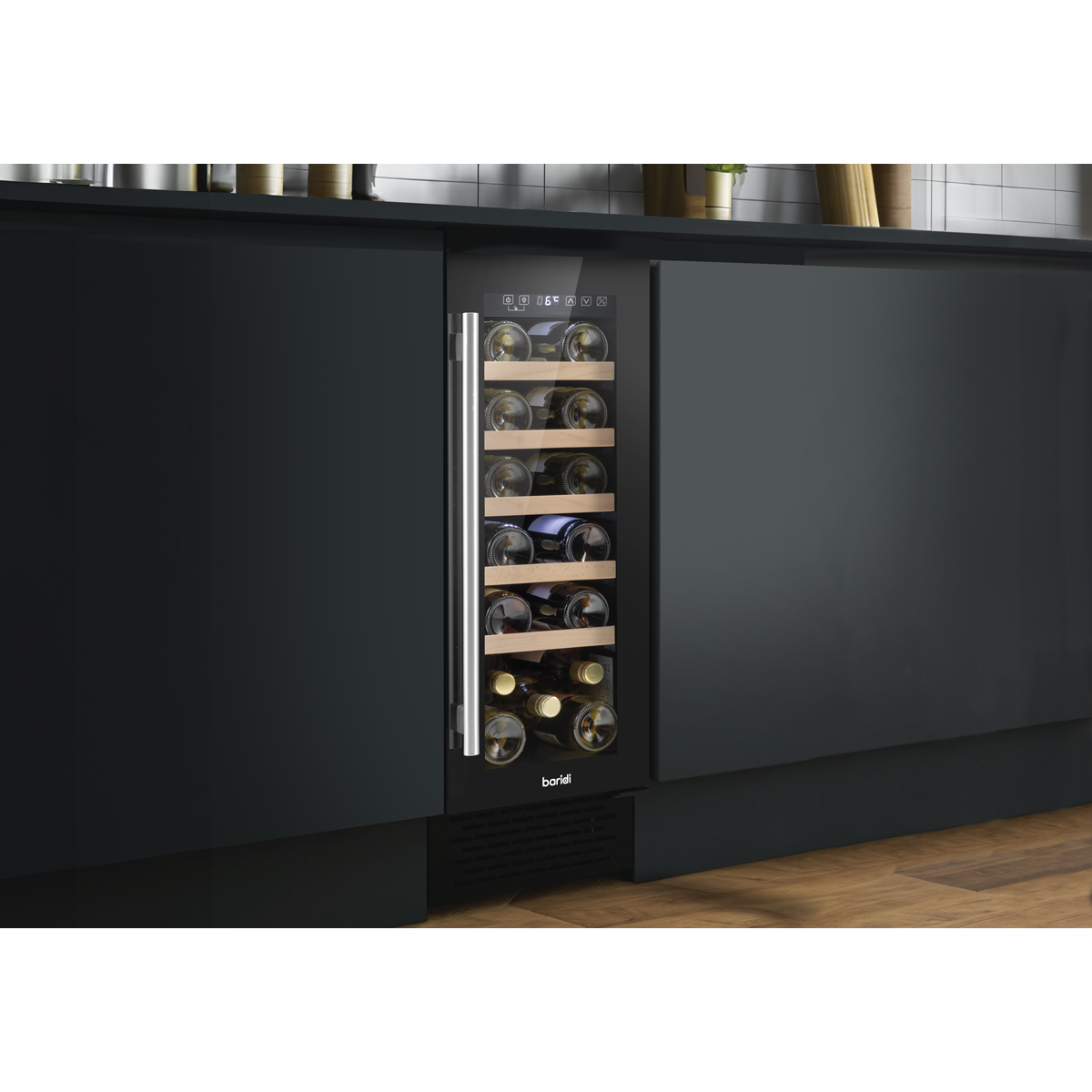 Baridi DH203 Baridi 20 Bottle Slim Built-In Wine Cooler with Digital Touchscreen Controls, Beech Wood Shelves & Internal LED Light - Black