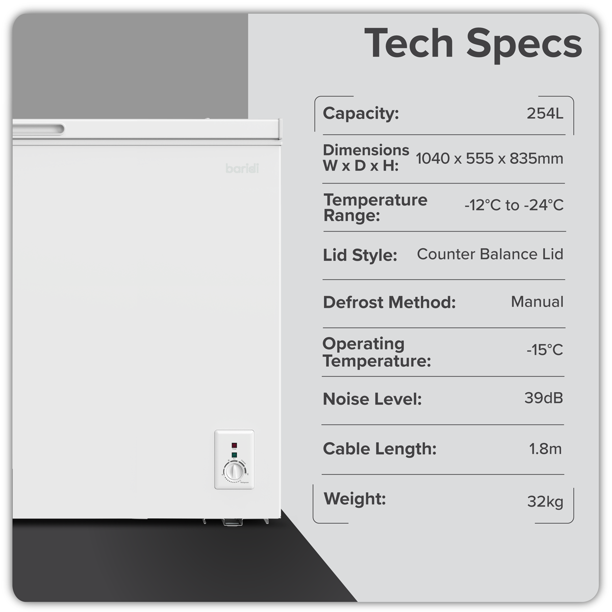 Baridi DH258 Baridi Freestanding Chest Freezer 254L Capacity - White