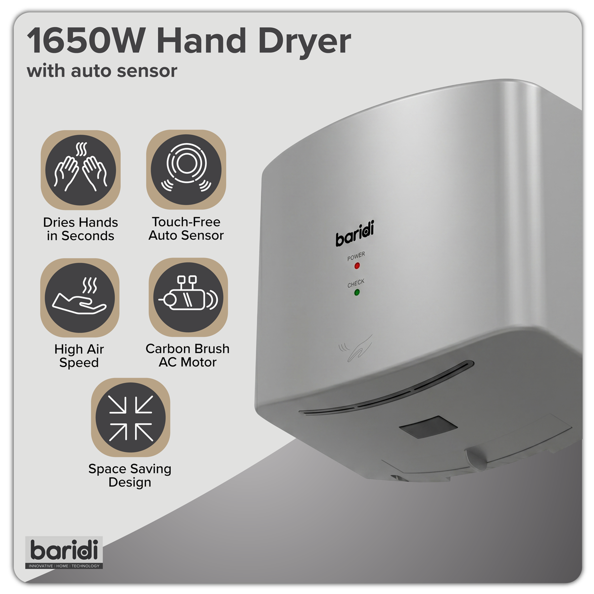 Baridi DH379 Baridi High Speed Hand Dryer with Auto-Sensor 1400-1650W - Silver