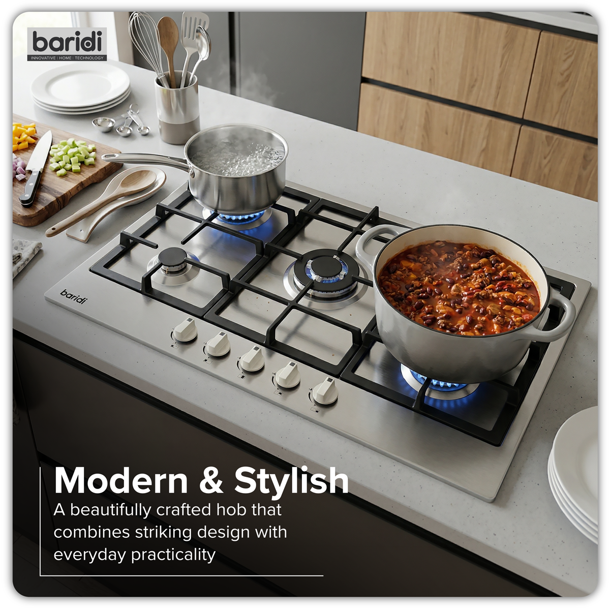 Baridi DH382 Baridi 90cm Gas Hob Stainless Steel with 5 Burners, Cast Iron Supports & Auto Ignition 11kW