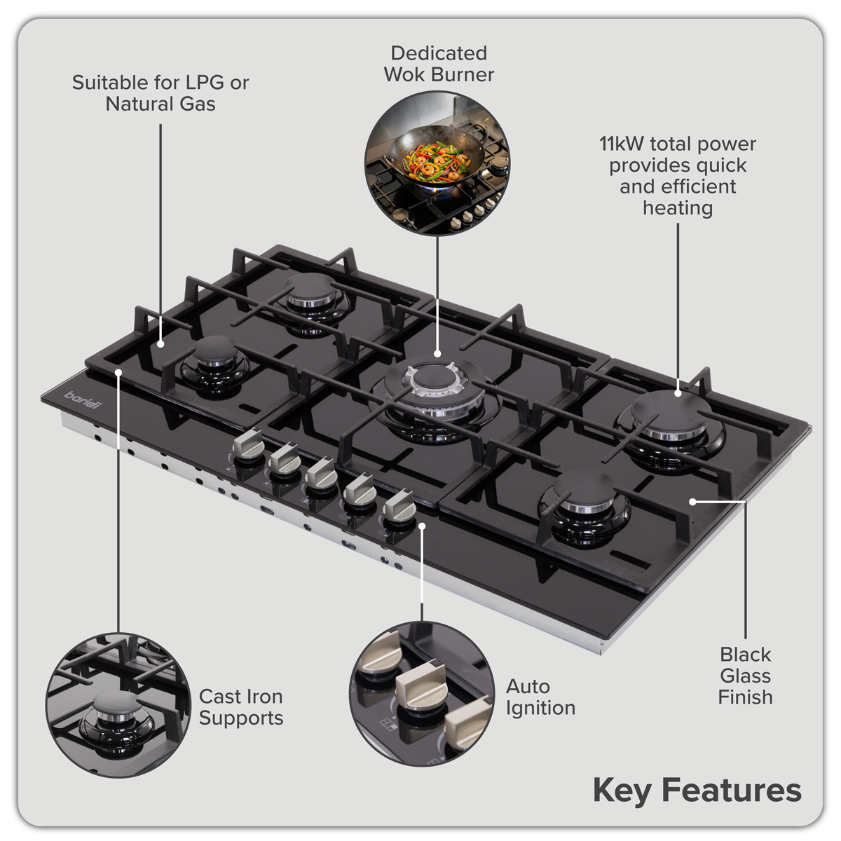 Baridi DH383 Baridi 90cm Gas Hob Black Glass with 5 Burners, Cast Iron Supports & Auto Ignition 11kW