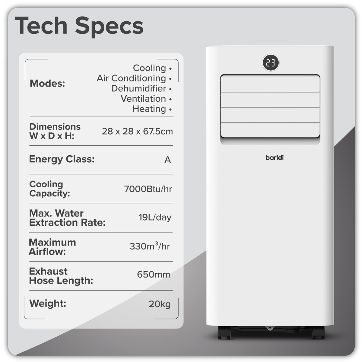 Baridi DH413 Baridi 5-in-1 Portable Air Conditioner/Dehumidifier/Air Cooler with Window Sealing Kit 7,000Btu/hr - White