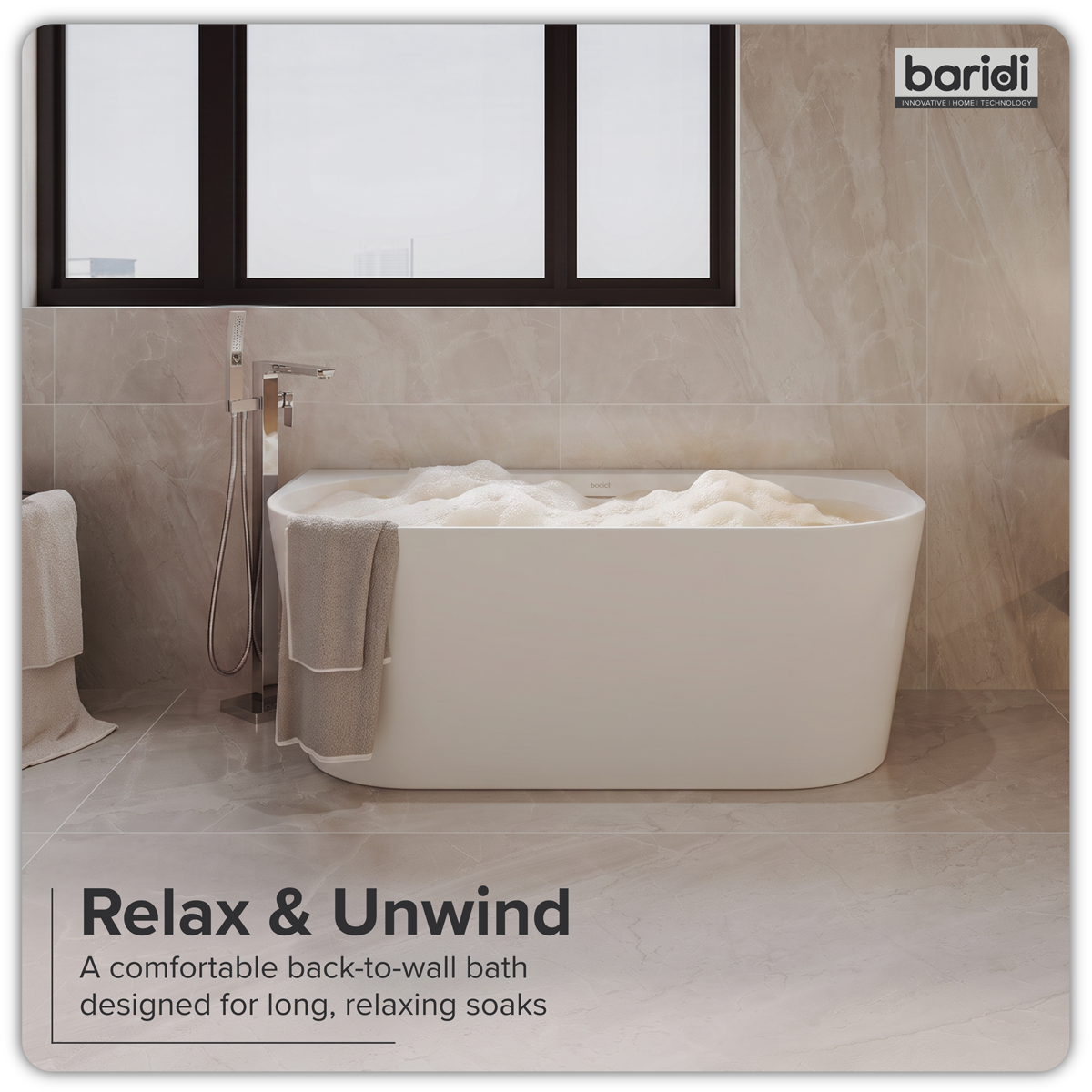 Baridi DH421 Baridi Back-to-Wall Slim Rim Bath with Overflow System 150cm – Gloss White