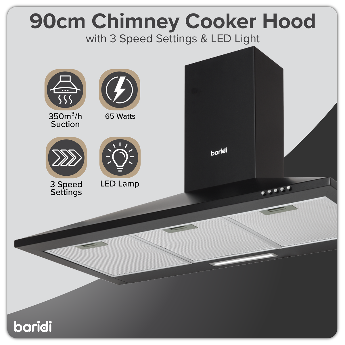 Baridi DH59 Baridi Cooker Hood, Chimney Style with Carbon Filters 90cm - Black