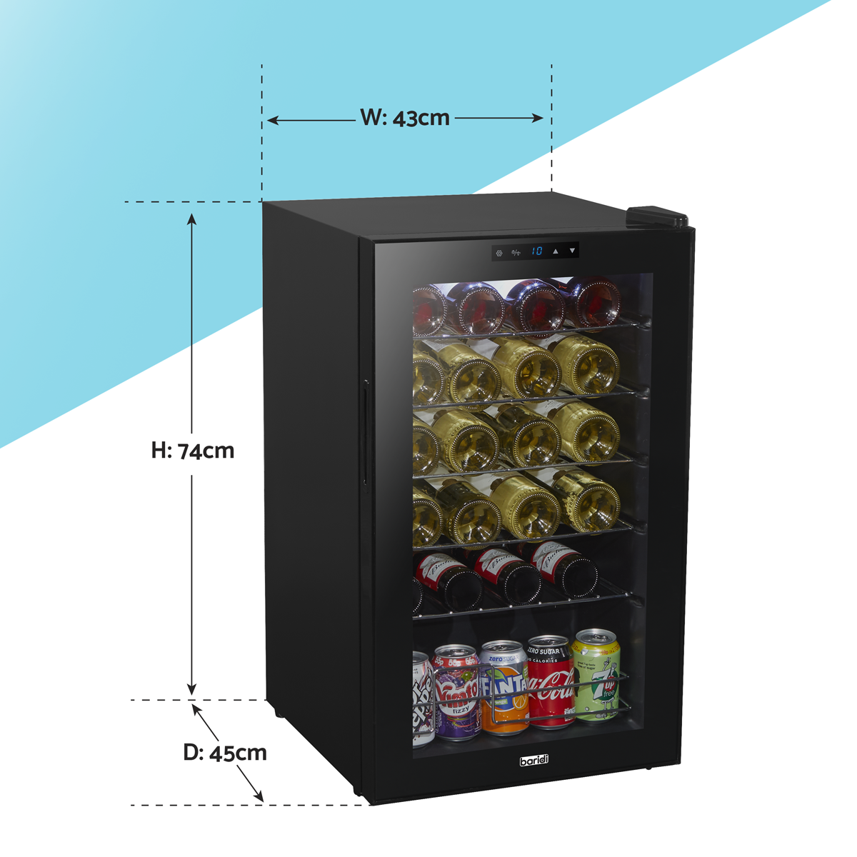 Baridi DH9 Baridi 24 Bottle Wine Fridge with Digital Touch Screen Controls, Metal Shelves & LED Light - Black