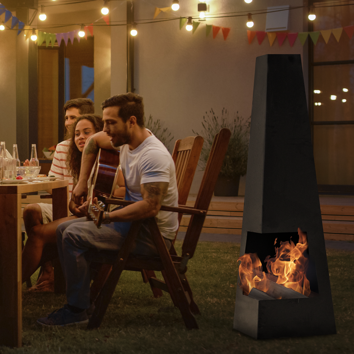 Dellonda DG105 Dellonda Chiminea, Wood Burner, Heater for Outdoors W45cm x H150cm - Black Steel