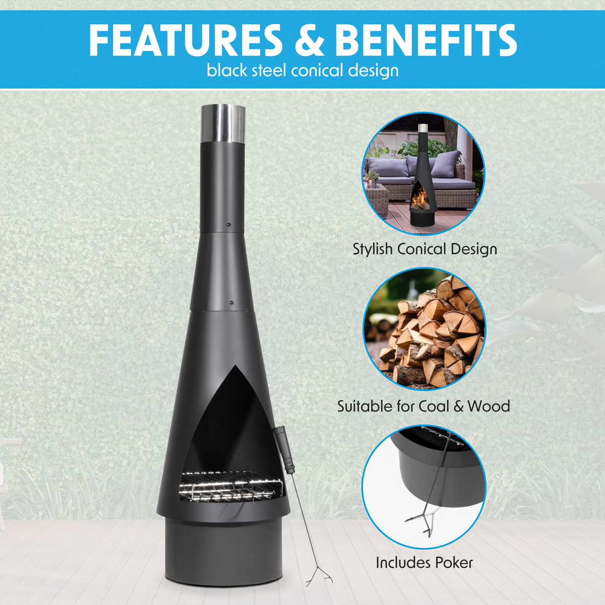 Dellonda DG109 Dellonda Outdoor Chiminea, Fireplace, Fire Pit, Heater, Durable, Black Steel
