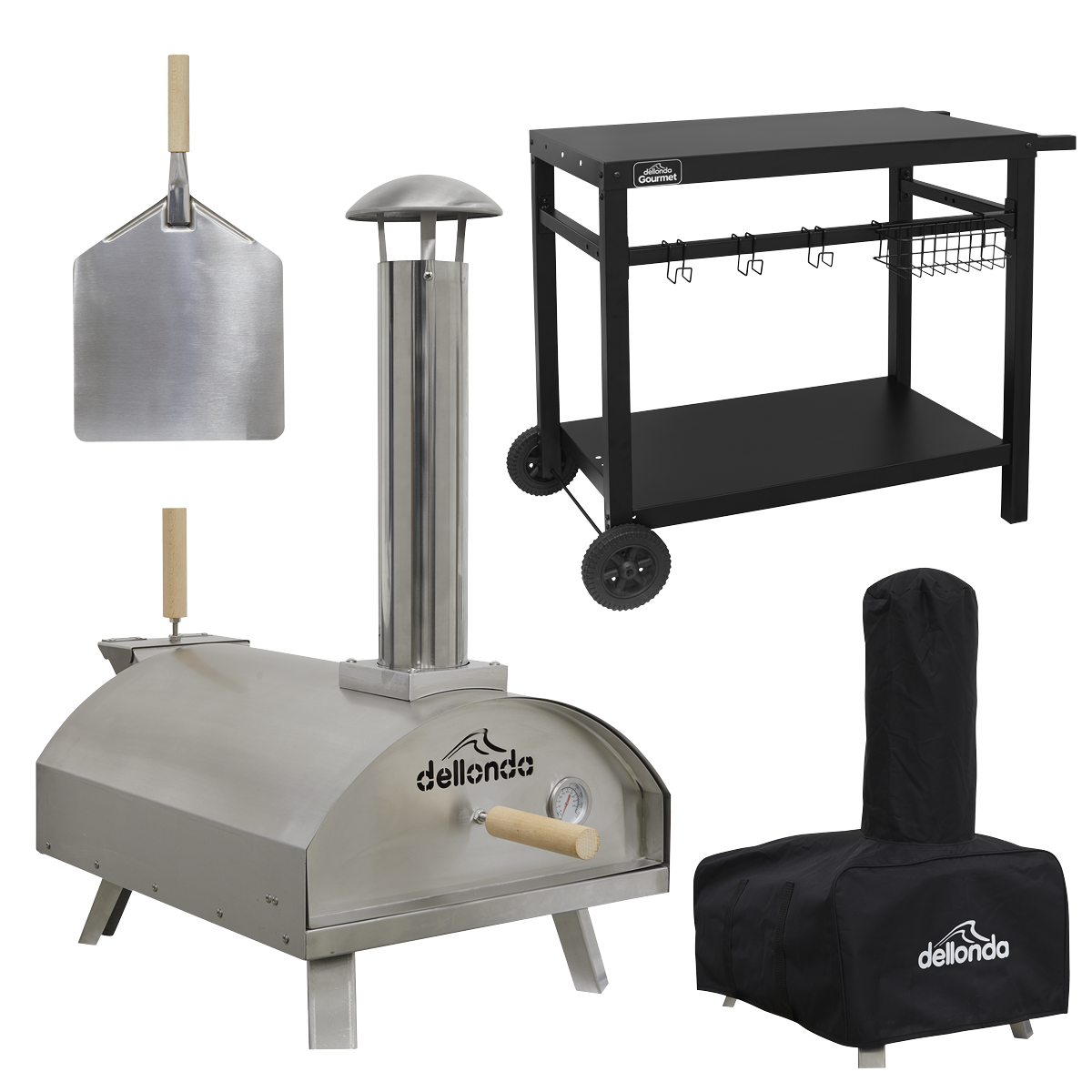 Dellonda DG259 Dellonda Wood-Fired Pizza Oven, Pizza Peel, Cover & Plancha Trolley 14" - Stainless Steel