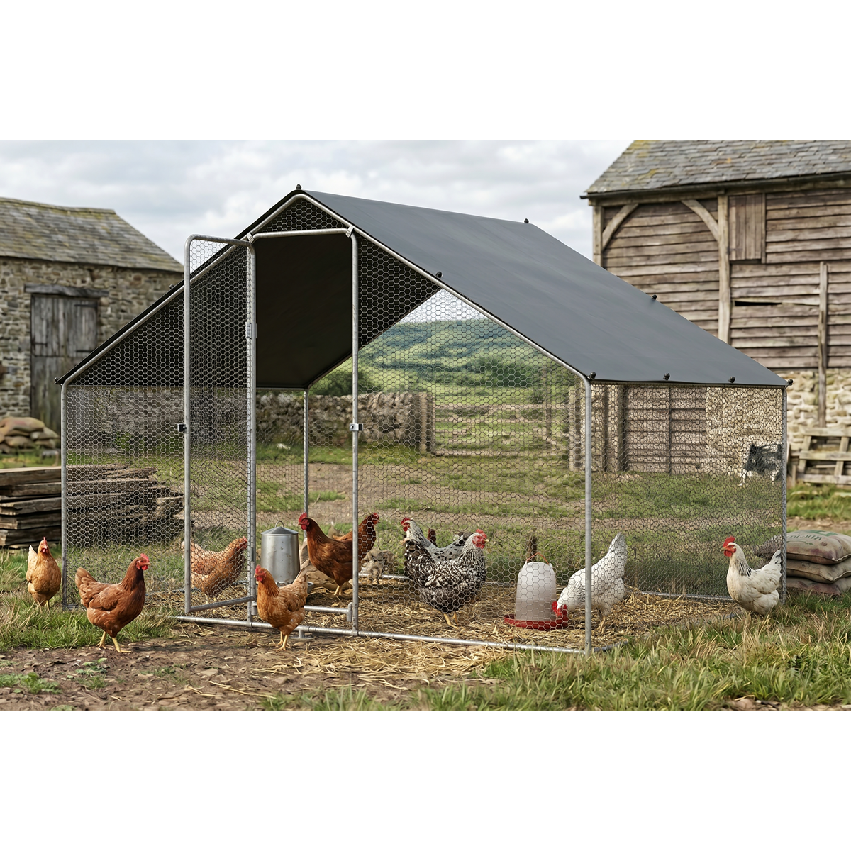 Dellonda DG278 Dellonda Walk-In Galvanized Steel Chicken Run with Roof Cover & PVC Coated Chicken Wire
