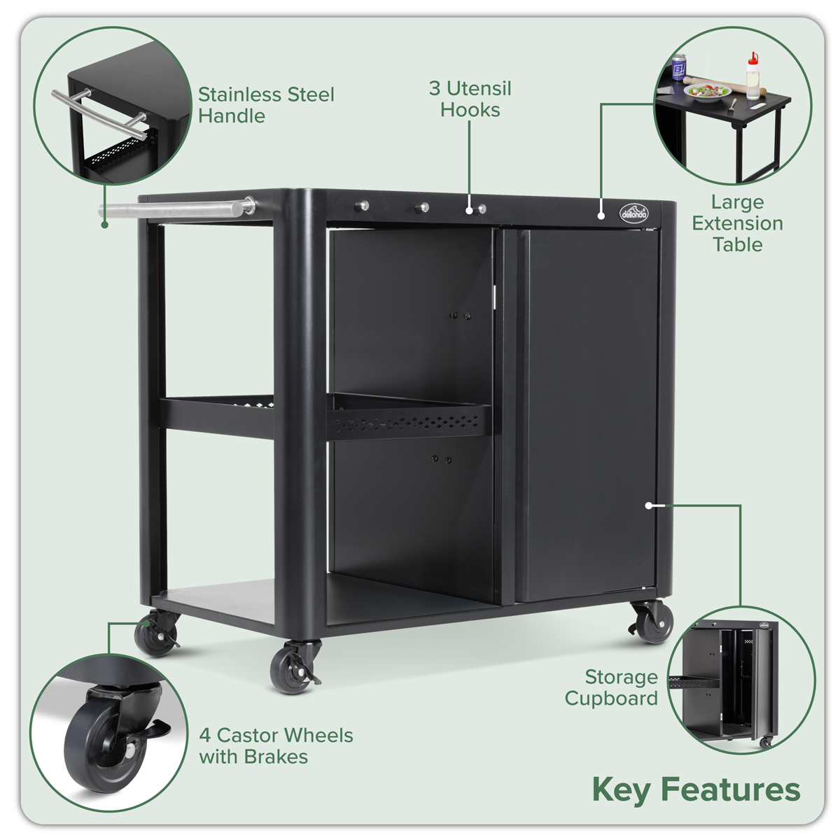 Dellonda DG282 Dellonda BBQ/Plancha Workstation Trolley with Cupboard, Extension Table & Utensil Hooks, Black