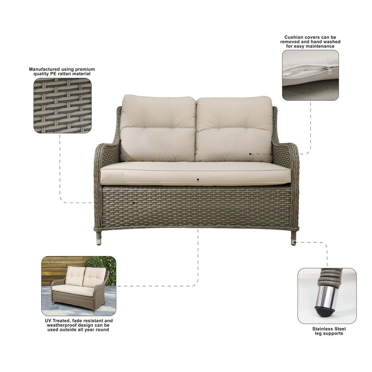 Dellonda DG70 Dellonda Chester Rattan Wicker Outdoor 2-Seater Sofa