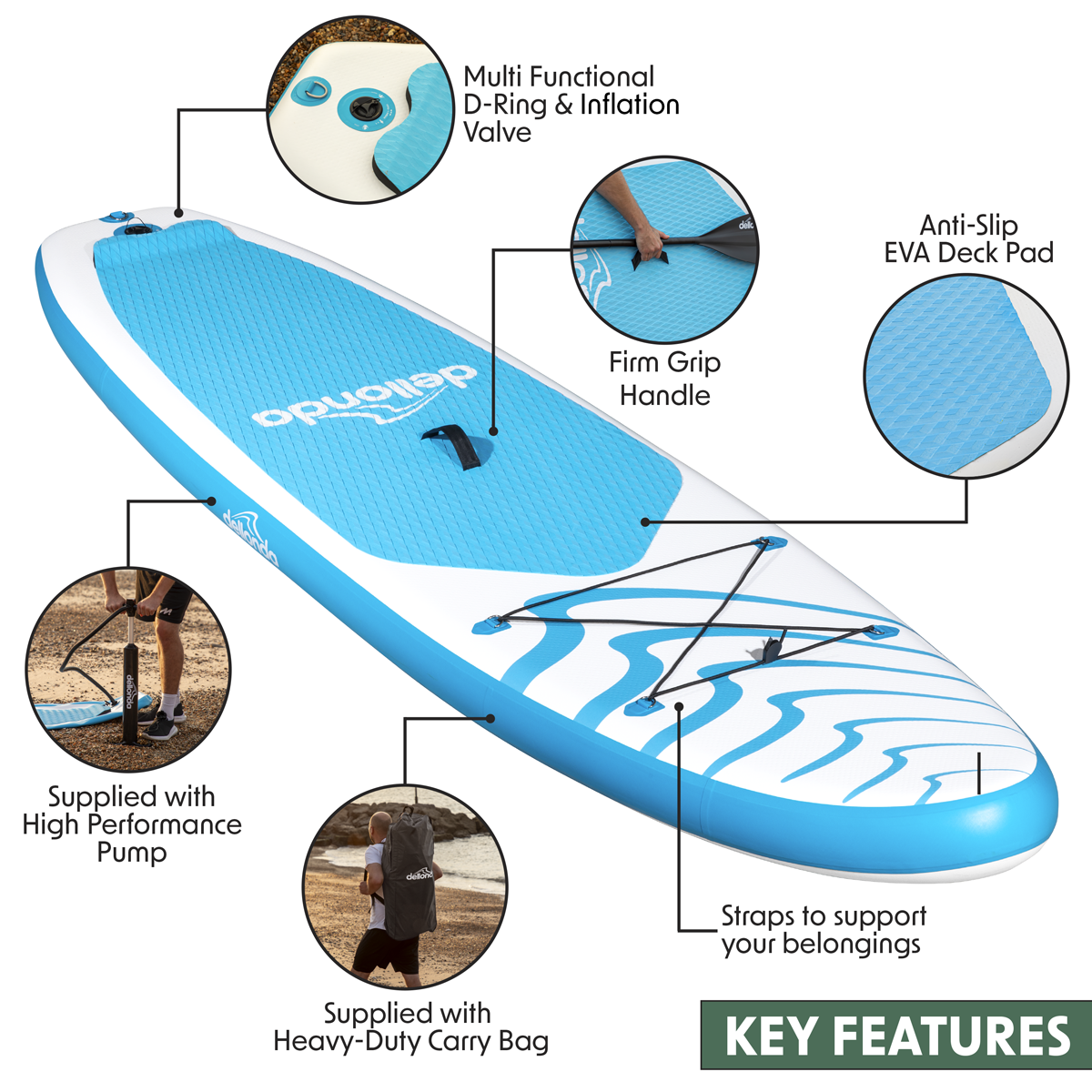 Dellonda DL152 Dellonda Inflatable Stand-Up Paddle Board 10'6" - Light Blue/White