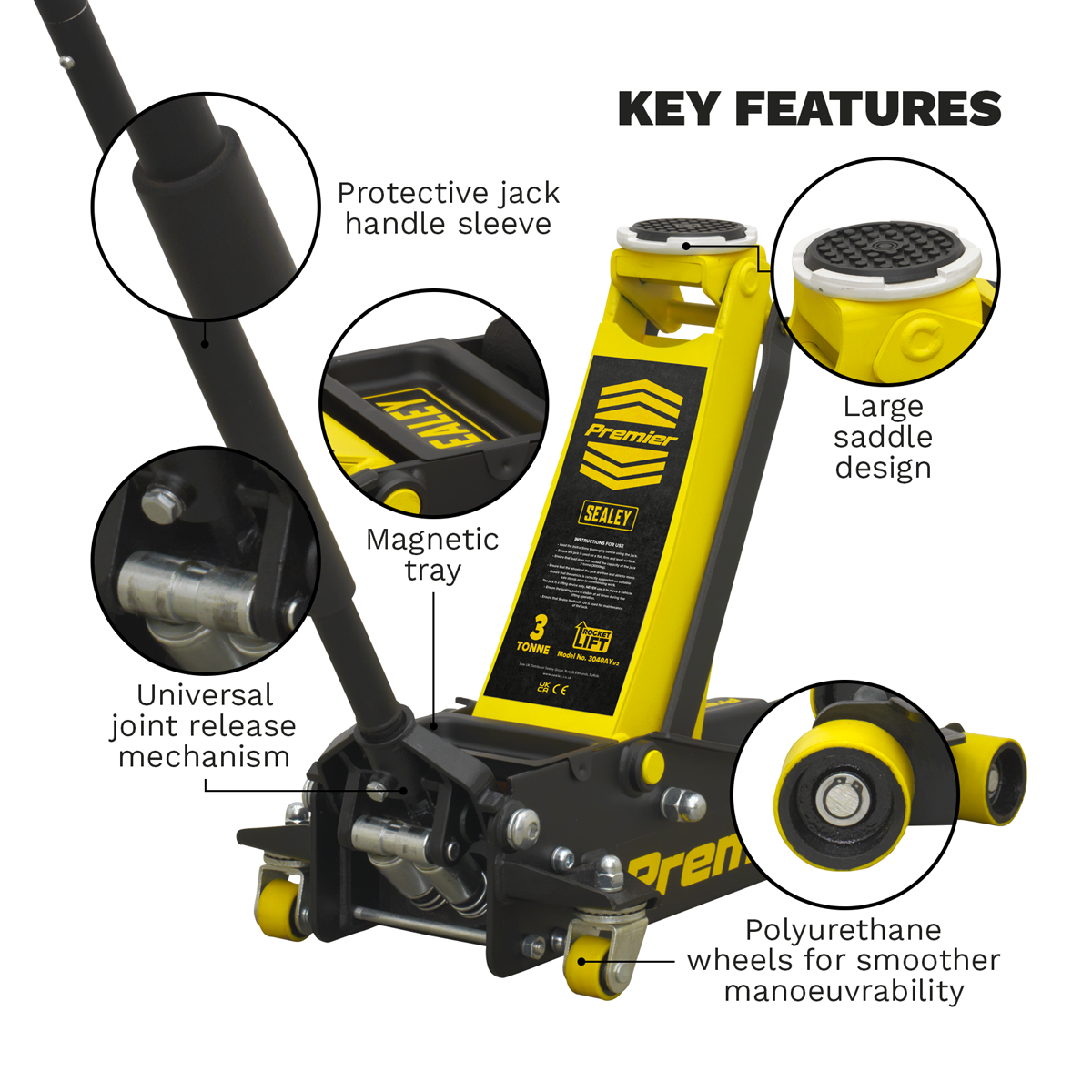 Premier 3040AY Premier Low Profile Trolley Jack with Rocket Lift 3 Tonne - Yellow