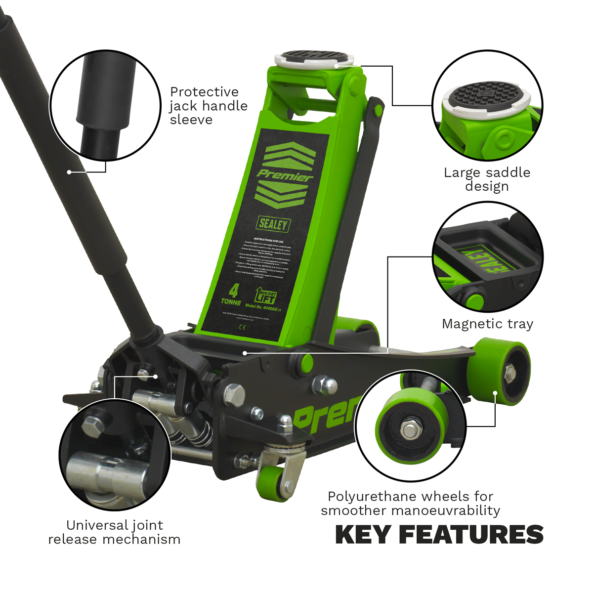 Premier 4040AG Premier Low Profile Trolley Jack with Rocket Lift 4 Tonne - Green