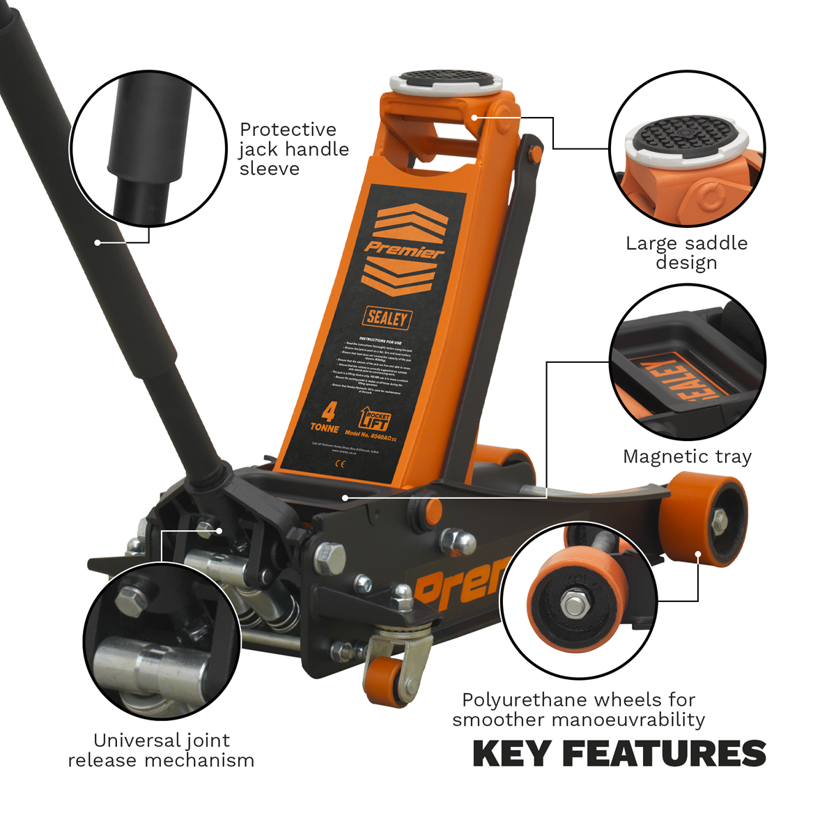 Premier 4040AO Premier Low Profile Trolley Jack with Rocket Lift 4 Tonne - Orange