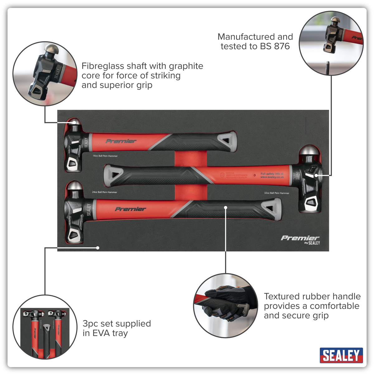 Premier AK2033 Premier Ball Pein Hammer Set with Fibreglass Shafts 3pc