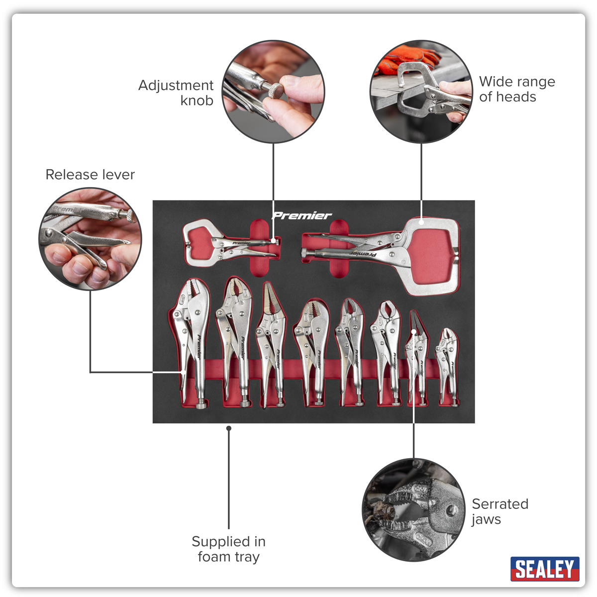Premier AK6802 Premier Locking Pliers Set with Tool Tray 10pc
