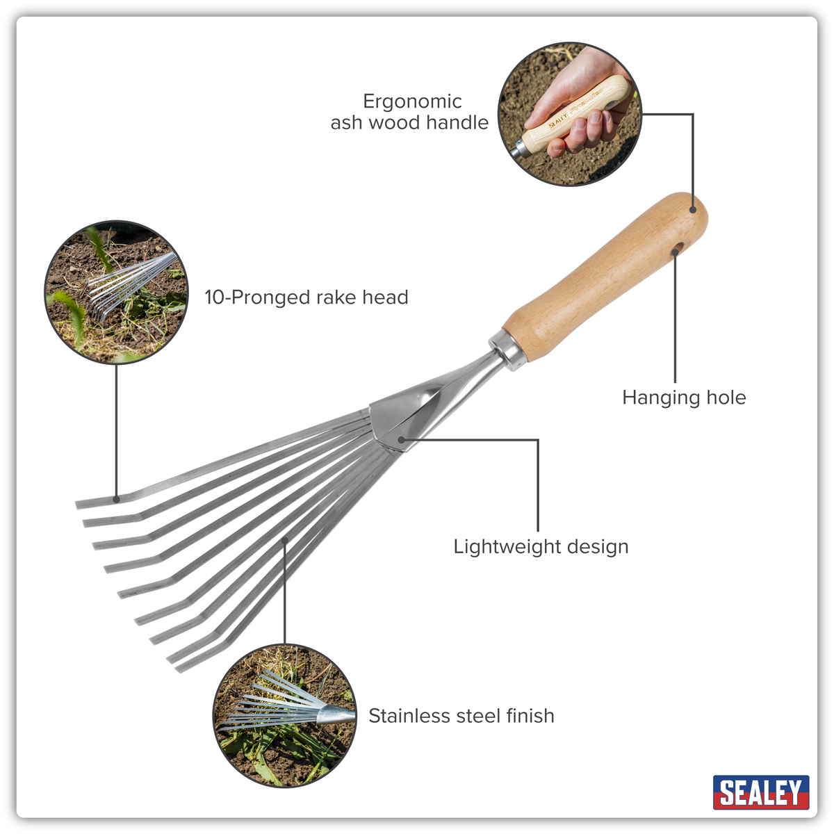 Premier GTWH001 Premier Leaf Hand Rake with Ash Handle & Stainless Steel Tines