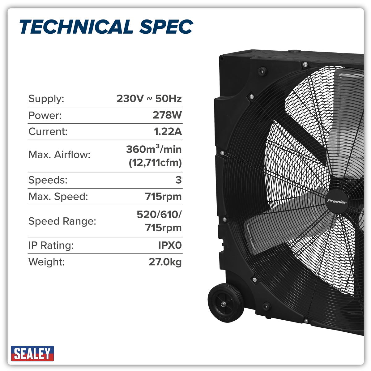 Premier HVD36PM Premier 36" Industrial High Velocity Rotomould Drum Fan 3-Speed 230V