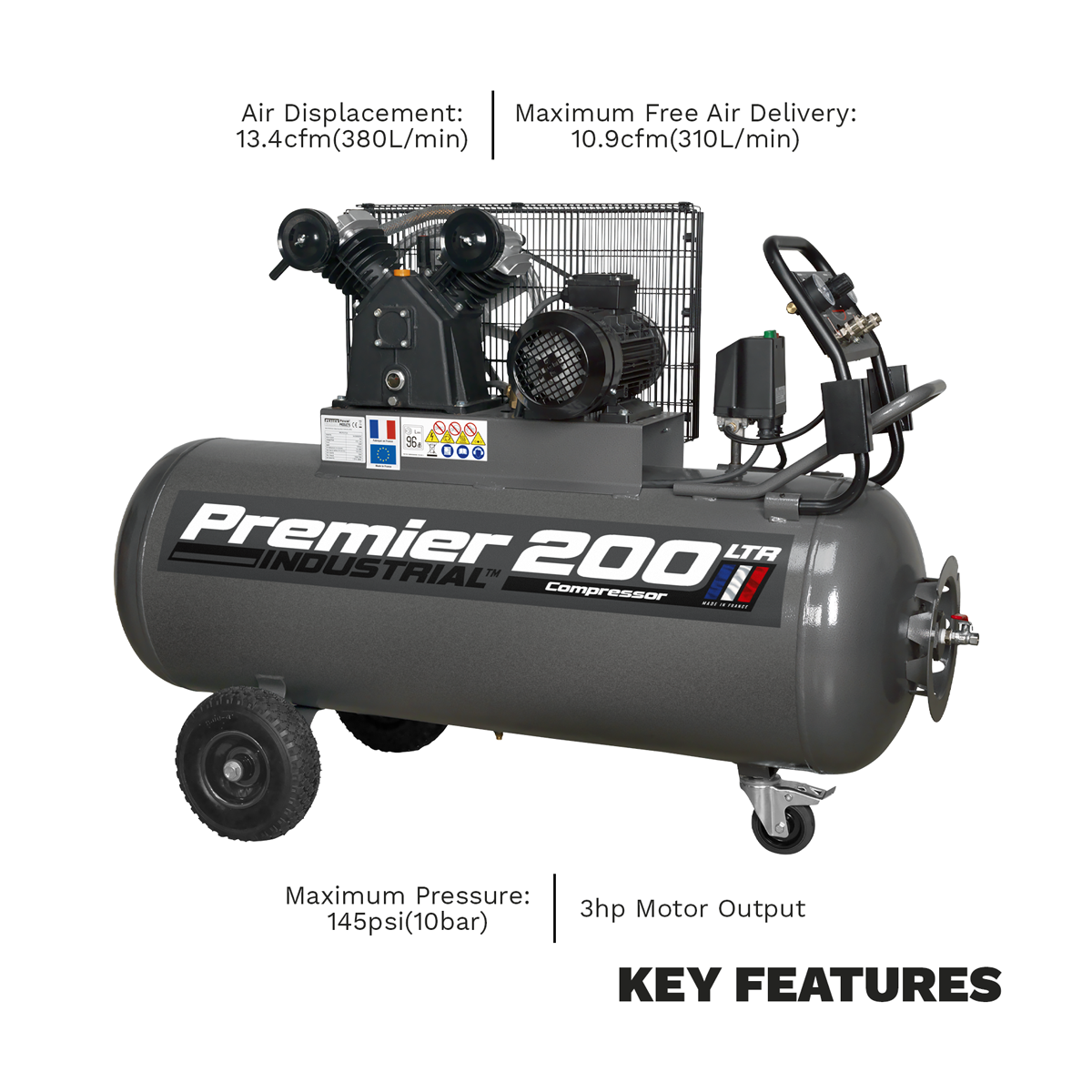 Premier SAC3203B Premier 200L Belt Drive Air Compressor with Front Control Panel 3hp
