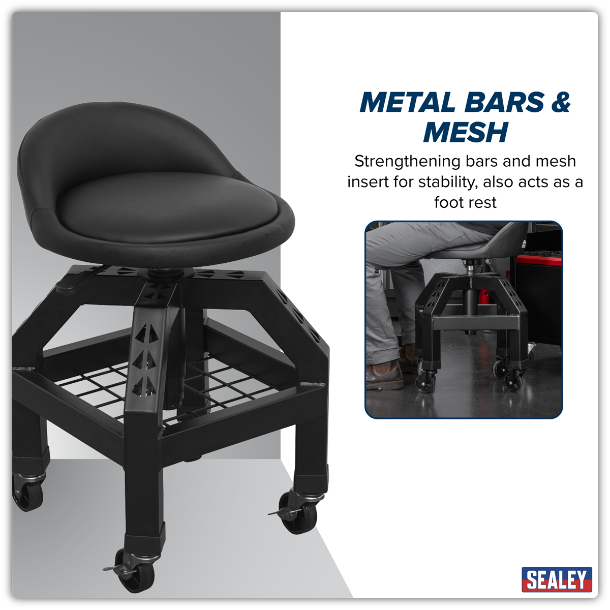 Premier Industrial SCR03B Premier Industrial Pneumatic Creeper Stool with Adjustable Height Swivel Seat & Back Rest