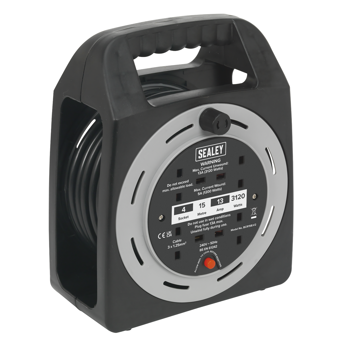 Sealey BCR15CB 15m Box Type Cable Reel with Thermal Trip 4 x 230V