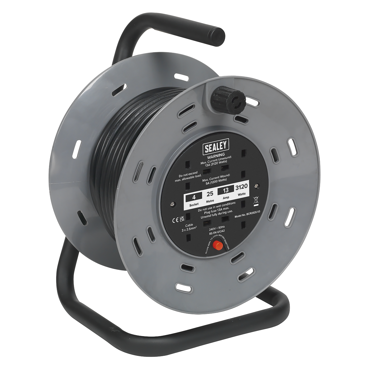 Sealey BCR2525 25m Cable Reel with Thermal Trip 4 x 230V
