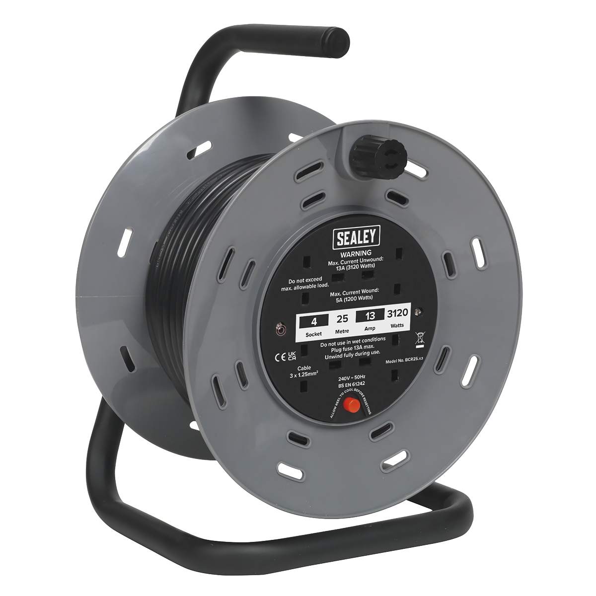 Sealey BCR25 25m Cable Reel with Thermal Trip 4 x 230V