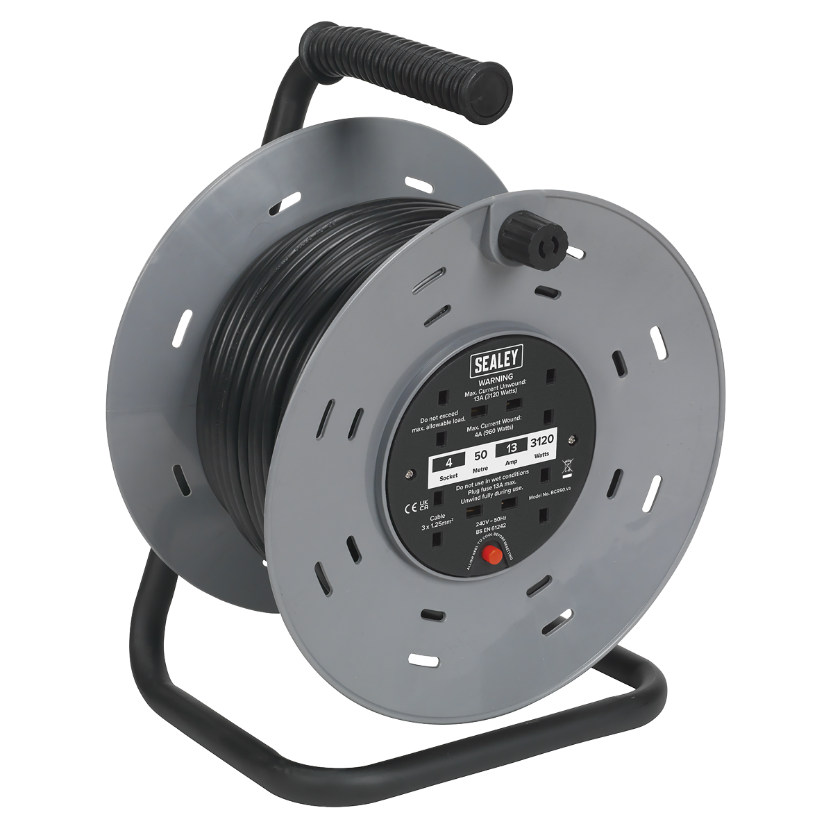 Sealey BCR50 50m Cable Reel with Thermal Trip 4 x 230V