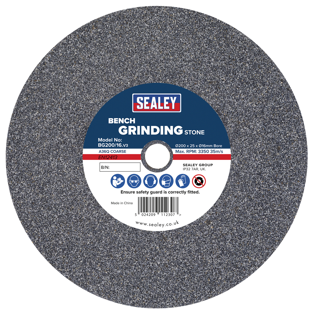 Sealey BG200/16 200 x 25mm Grinding Stone 16mm Bore - A36Q Coarse