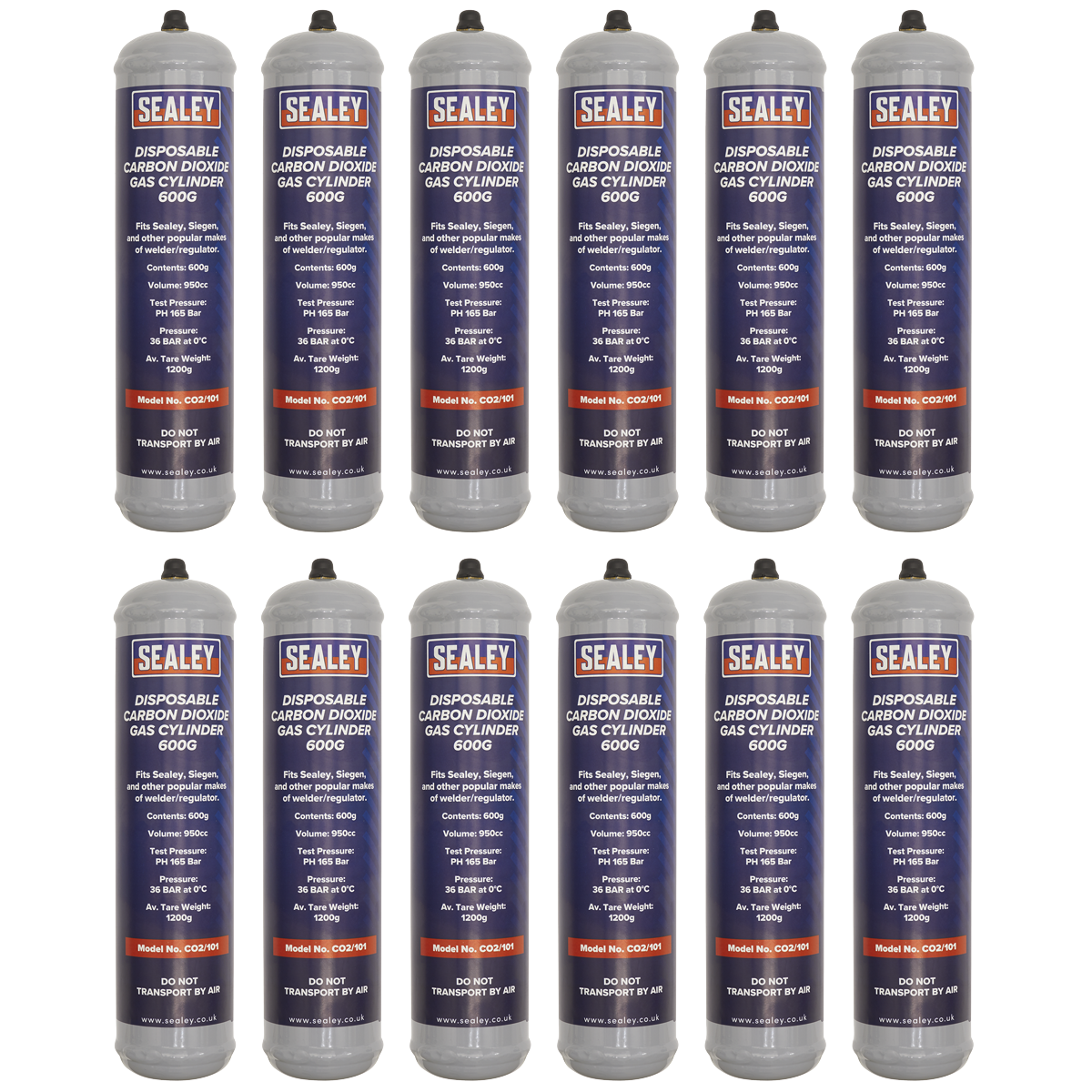 Sealey CO2/101/12 Disposable Carbon Dioxide Gas Cylinder 600g - Box of 12