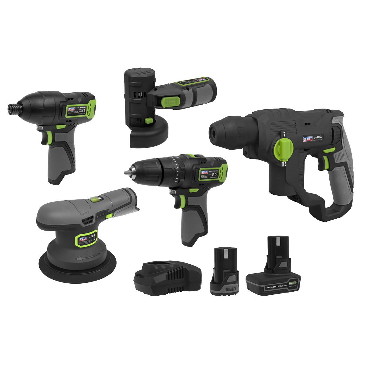 Sealey CP108VCOMBO7EU 5 x SV10.8 Series Cordless Power Tool Kit 10.8V - 2 Batteries & Euro Plug