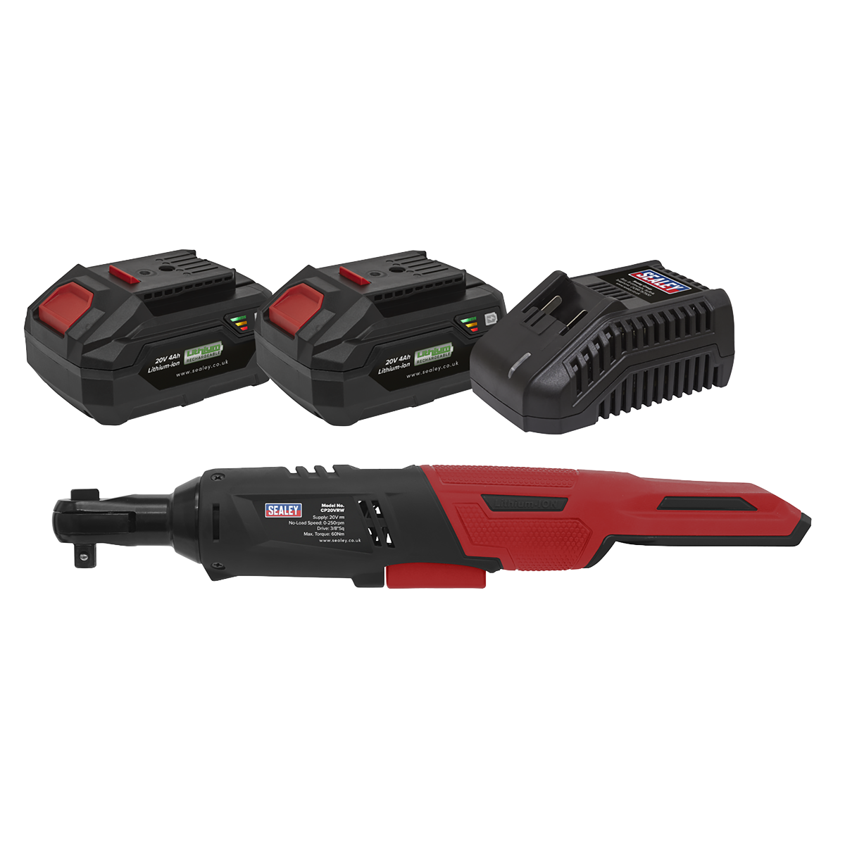 Sealey CP20VRWKIT SV20 Series 3/8"Sq Drive Cordless Ratchet Wrench Kit 60Nm 20V 4Ah - 2 Batteries
