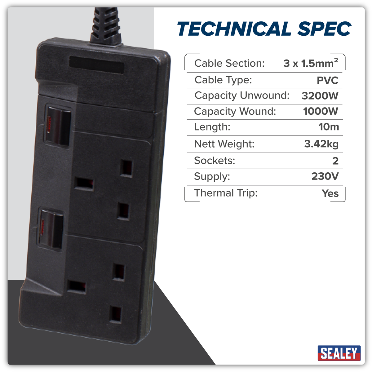 Sealey CRM10 Cable Reel System Retractable 10m 2 x 230V Socket