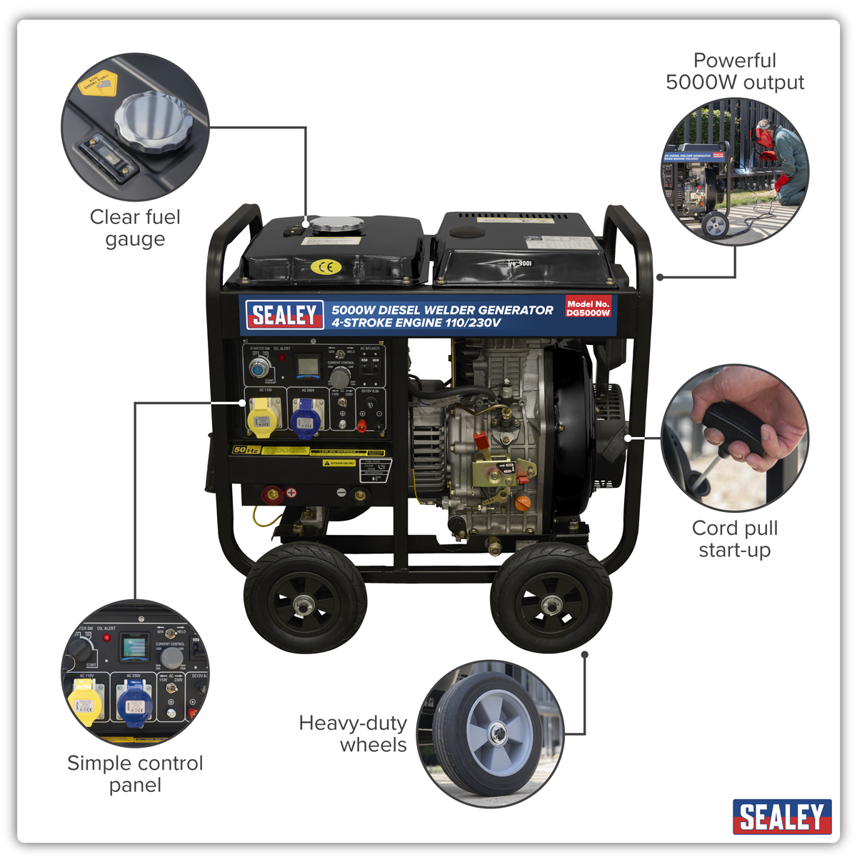 Sealey DG5000W 5000W Diesel Welder Generator 4-Stroke Engine 110/230V
