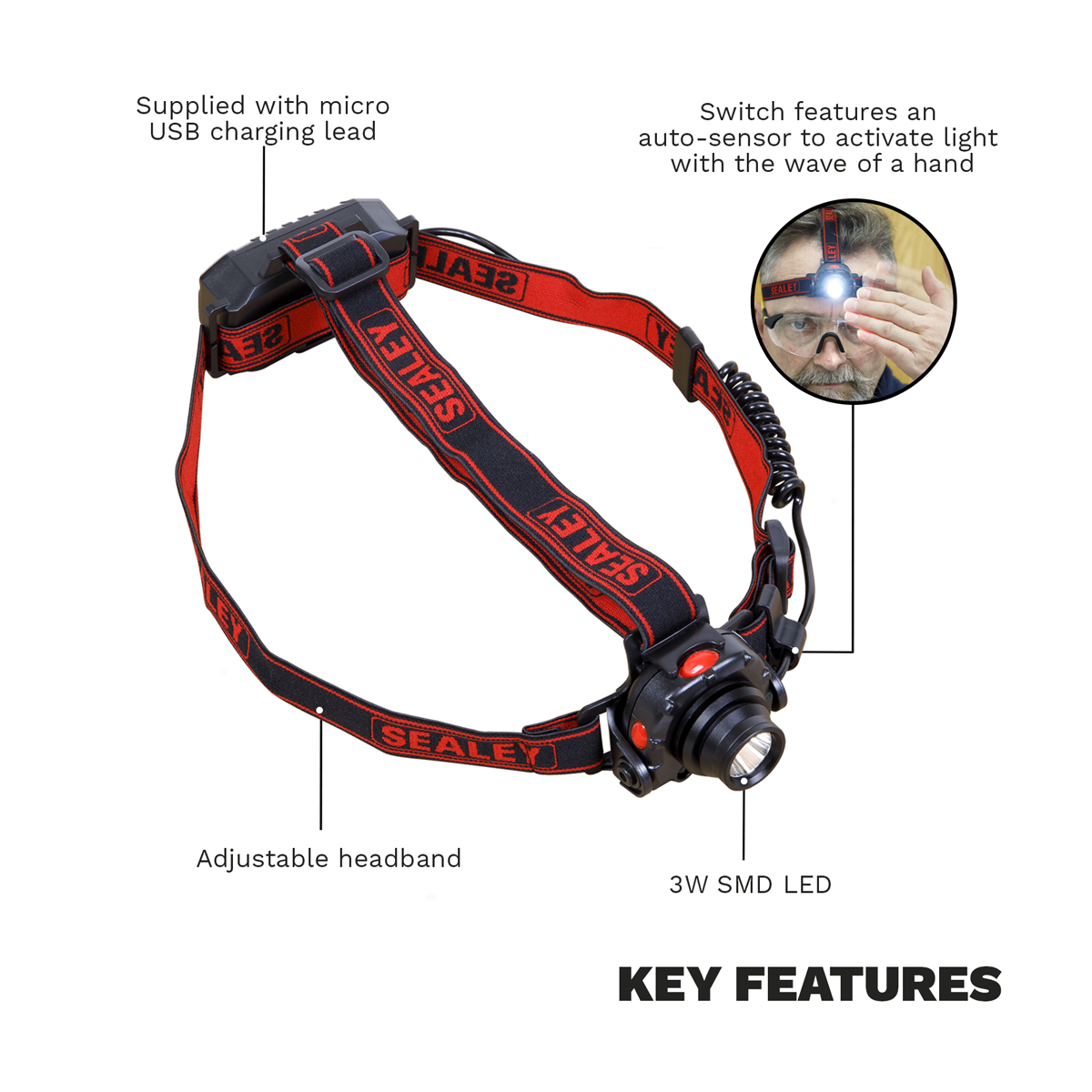 Sealey HT106LED Head & Hat Torch with Auto-Sensor 3W SMD LED