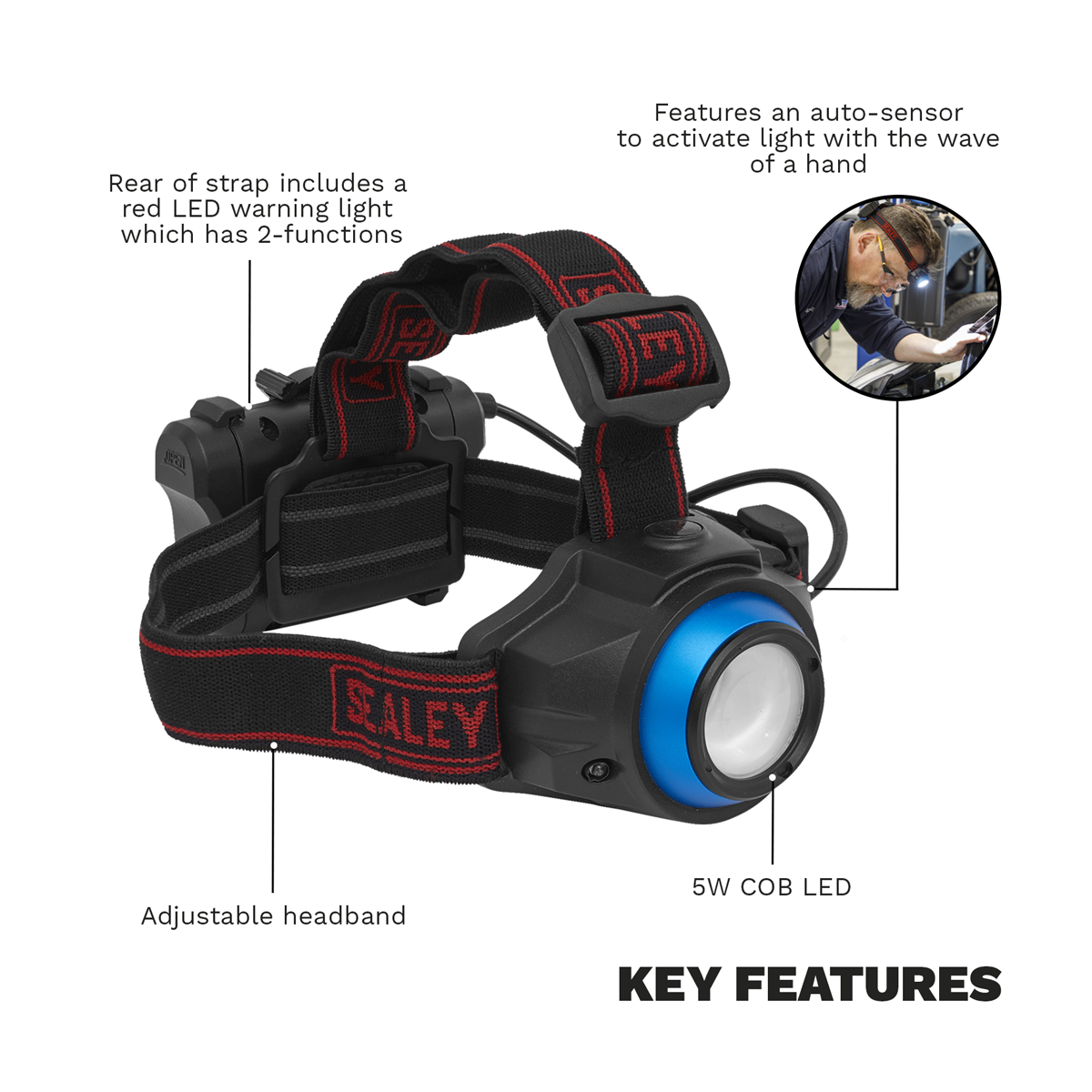 Sealey HT111LED Head Torch with Auto-Sensor 5W COB LED