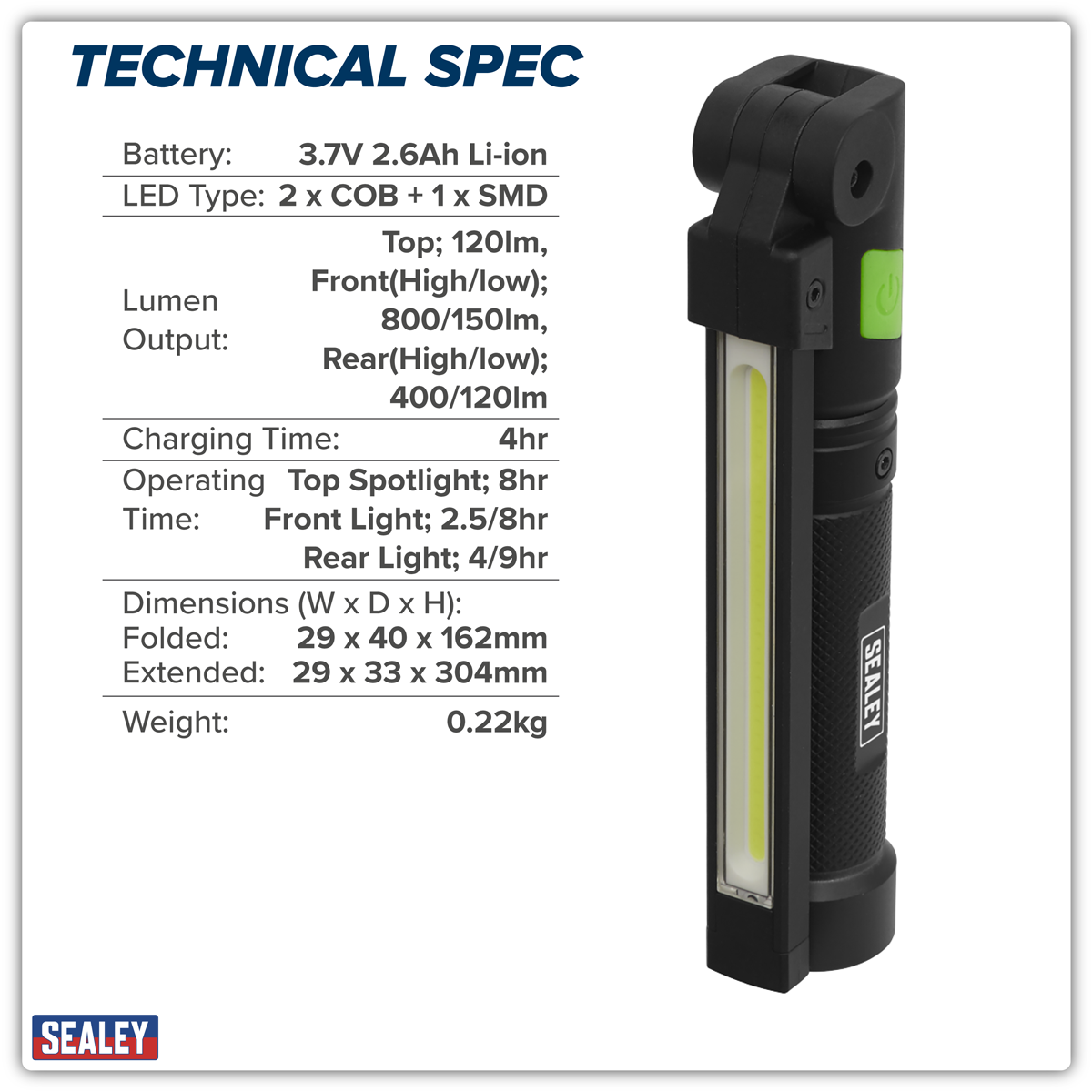 Sealey LED02G Rechargeable Aluminium Folding Pocket Light 2 COB & 1 SMD LED
