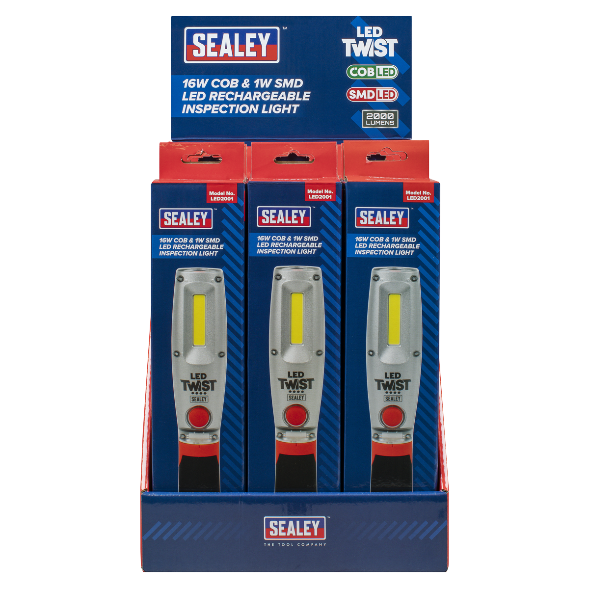 Sealey LED2001DB LED Twist® Rechargeable Inspection Light 16W COB & 1W SMD LED - Display Box of 12