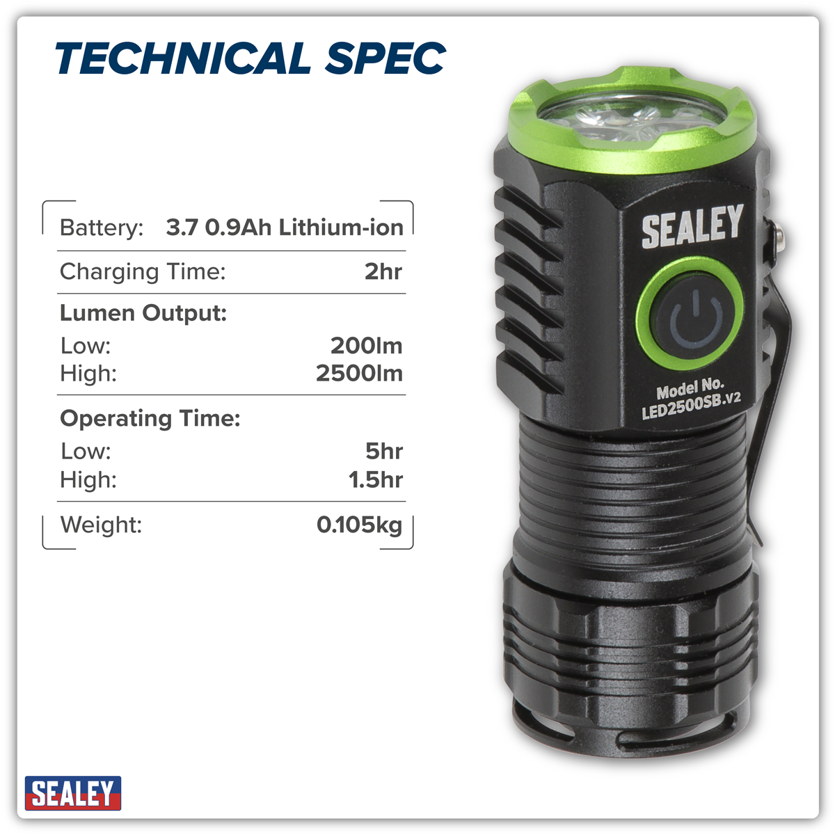 Sealey LED2500SB Super Beam 2500lm Rechargeable SMD LED 24W Pocket Light