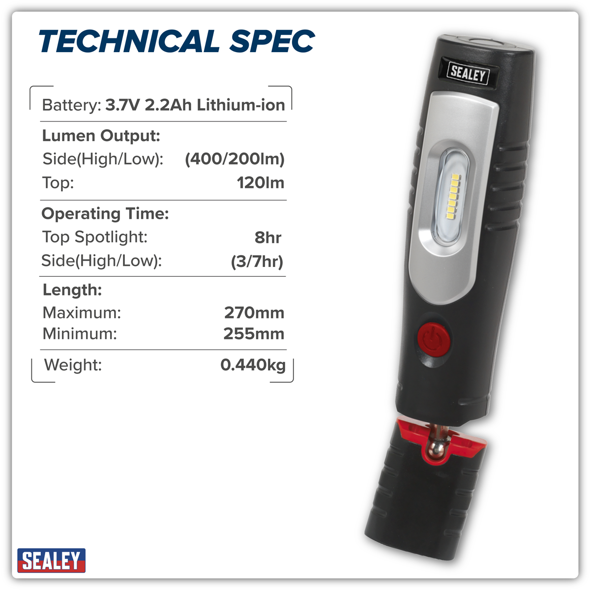 Sealey LED3602 Rechargeable 360° Inspection Light 4W & 3W SMD LED - Black