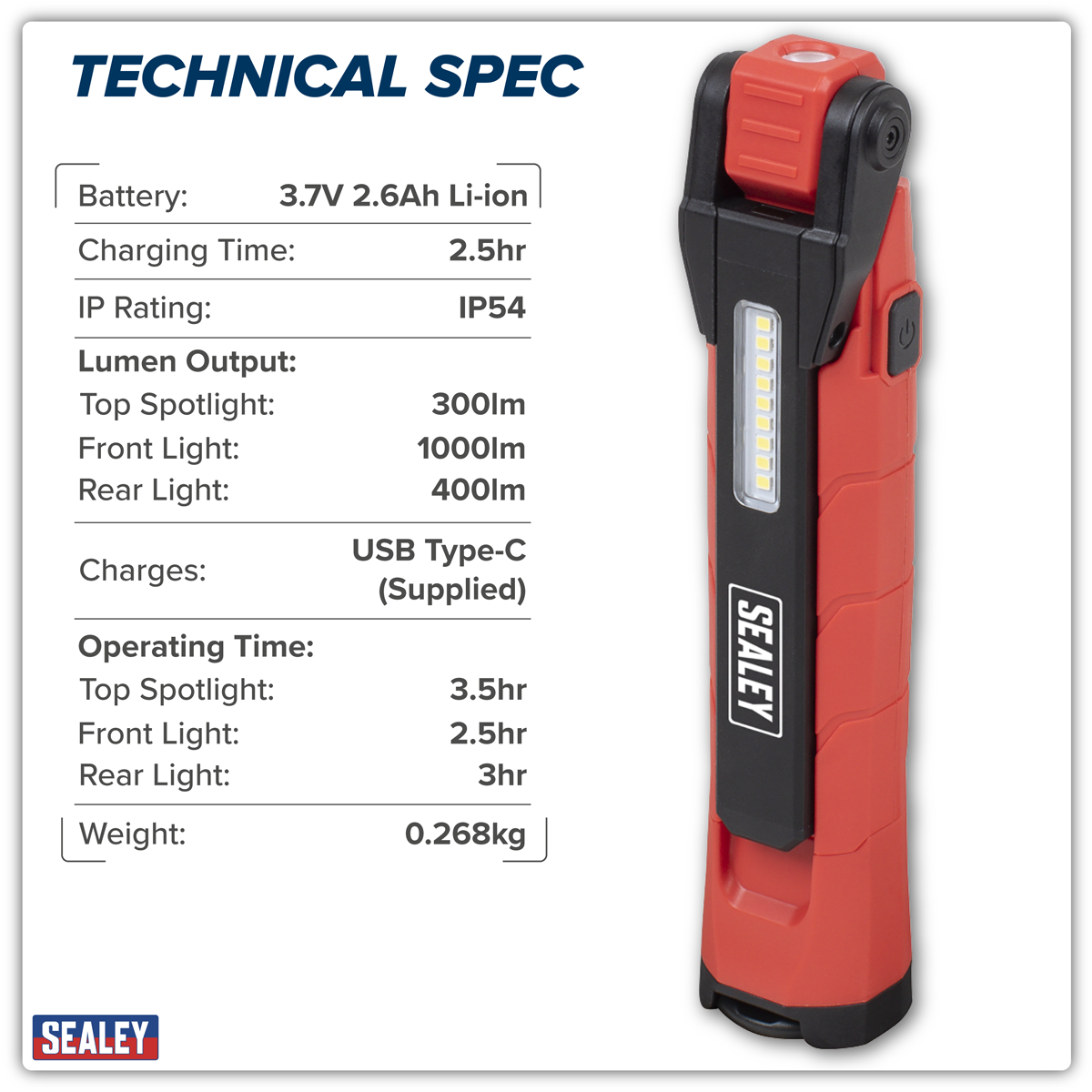 Sealey LED3605R Rechargeable 360° Inspection Light 10W & 2 x 4W SMD LED - Red