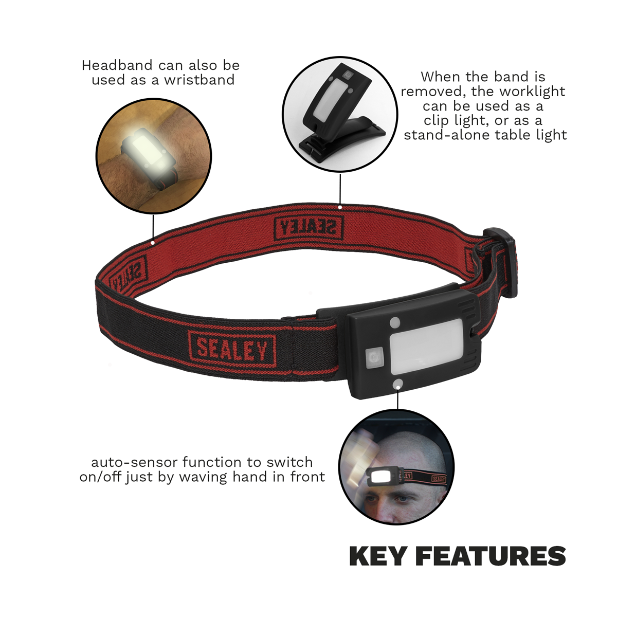 Sealey LED360HT Rechargeable Head Torch with Auto-Sensor 2W COB LED - Black