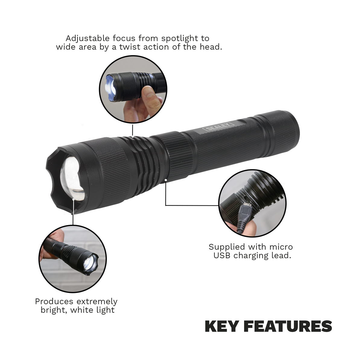 Sealey LED449 Rechargeable Aluminium Torch with Adjustable Focus 10W SMD LED