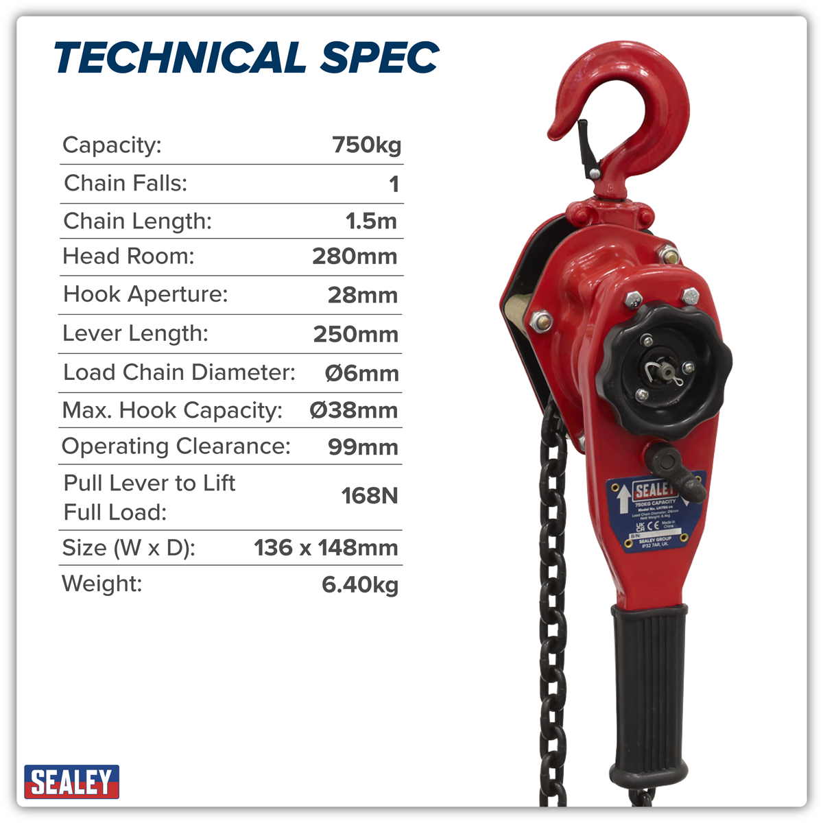 Sealey LH750 Lever Hoist Steel 750kg