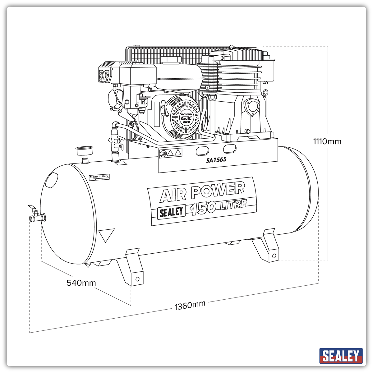 Sealey SA1565 150L Belt Drive Air Compressor with Petrol Engine 6.5hp