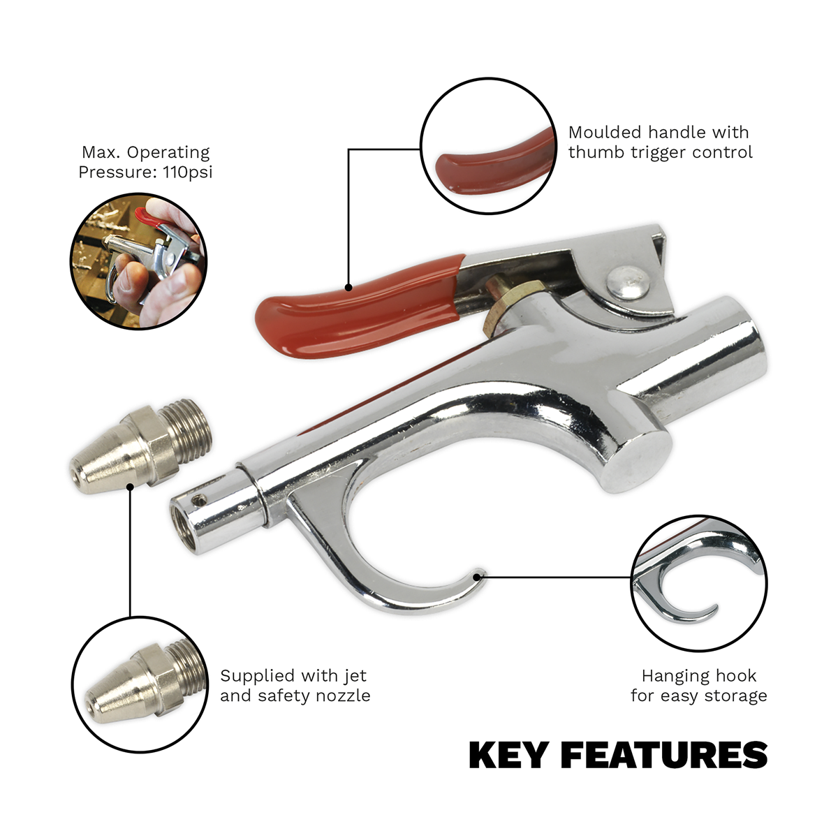 Sealey SA913 Palm Type Air Blow Gun with 1/4"BSP Air Inlet & Safety Nozzle