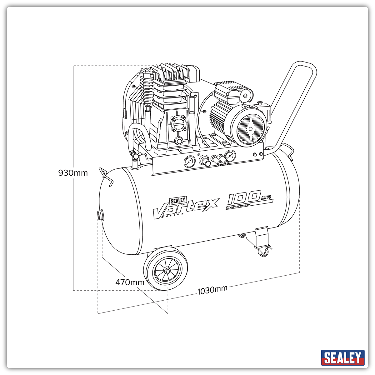 Sealey SAC1103B 100L Belt Drive Air Compressor with Cast Cylinders & Wheels 3.5hp