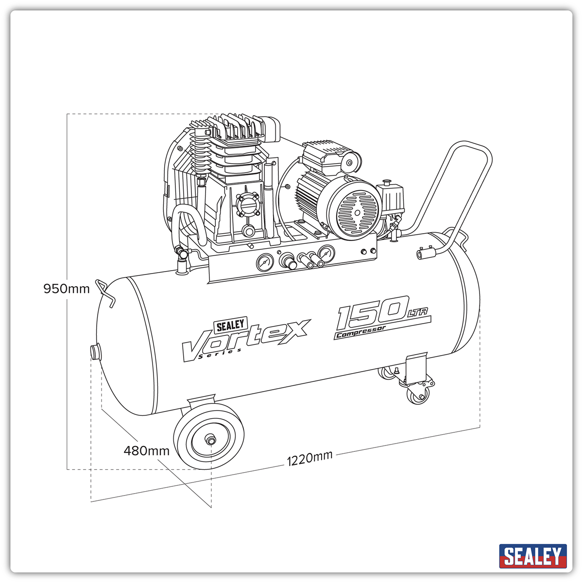Sealey SAC1153B 150L Belt Drive Air Compressor with Cast Cylinders & Wheels 3.5hp