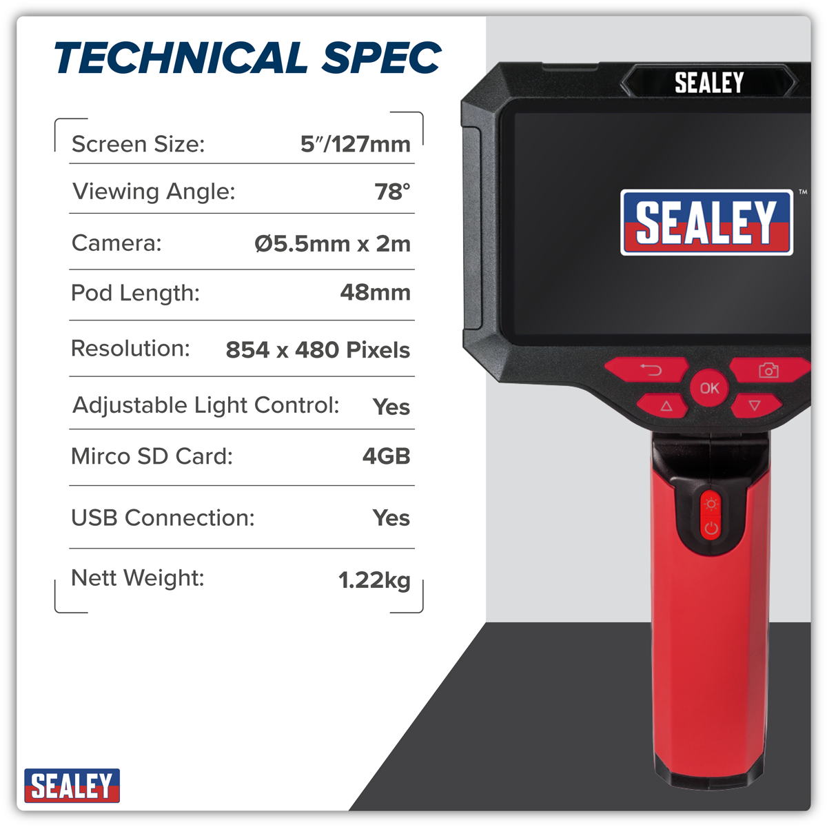 Sealey VS8118 Video Borescope 5.5mm Camera Dual Lens & 5" Screen